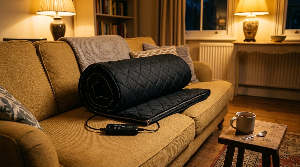 A black quilted infrared sauna blanket half-rolled on a mustard sofa with its controller on the cushion