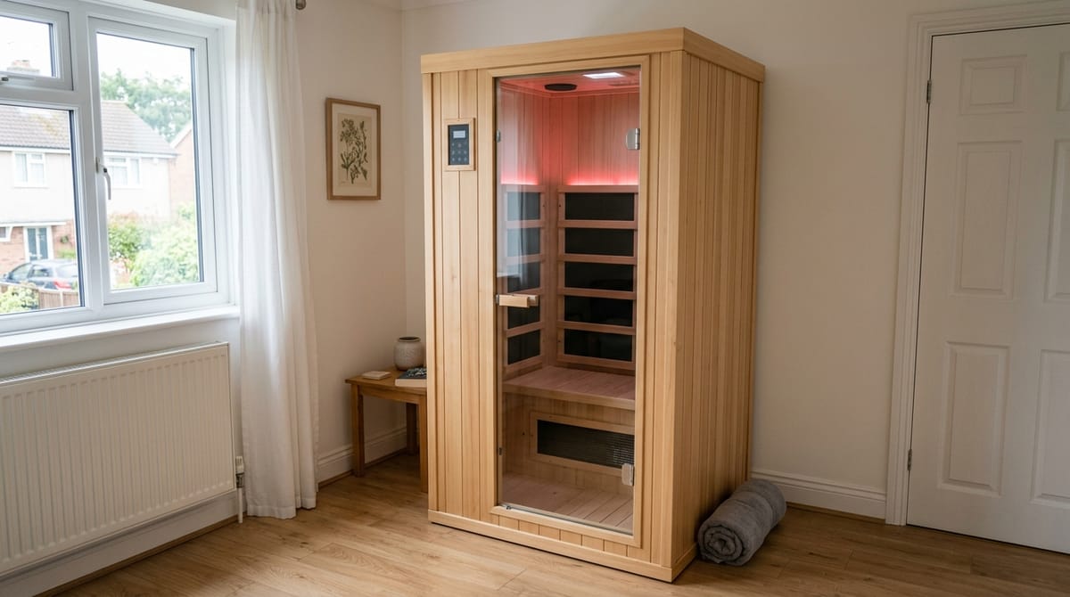A compact one-person infrared sauna cabin of pale wood with a glass door and red lights inside, in the corner of a bedroom