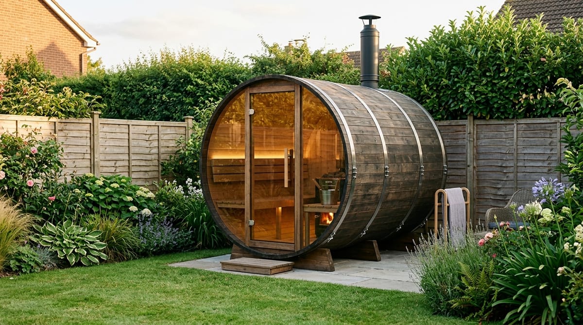 A dark wooden barrel sauna with a glass door and a chimney flue in a back garden