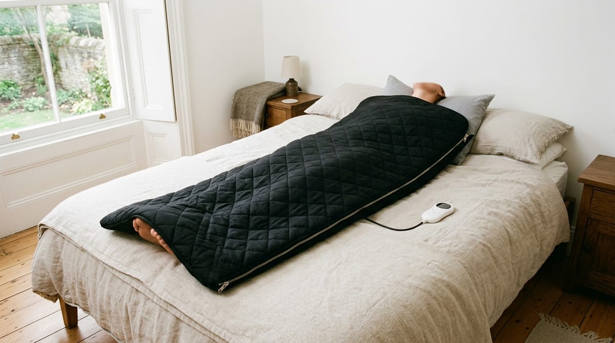 A person lying on a bed zipped into a black quilted infrared sauna blanket, its controller on the duvet