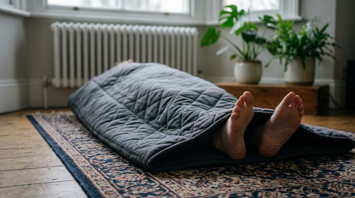 A person lying on a patterned rug inside a charcoal quilted sauna blanket, bare feet showing at the end