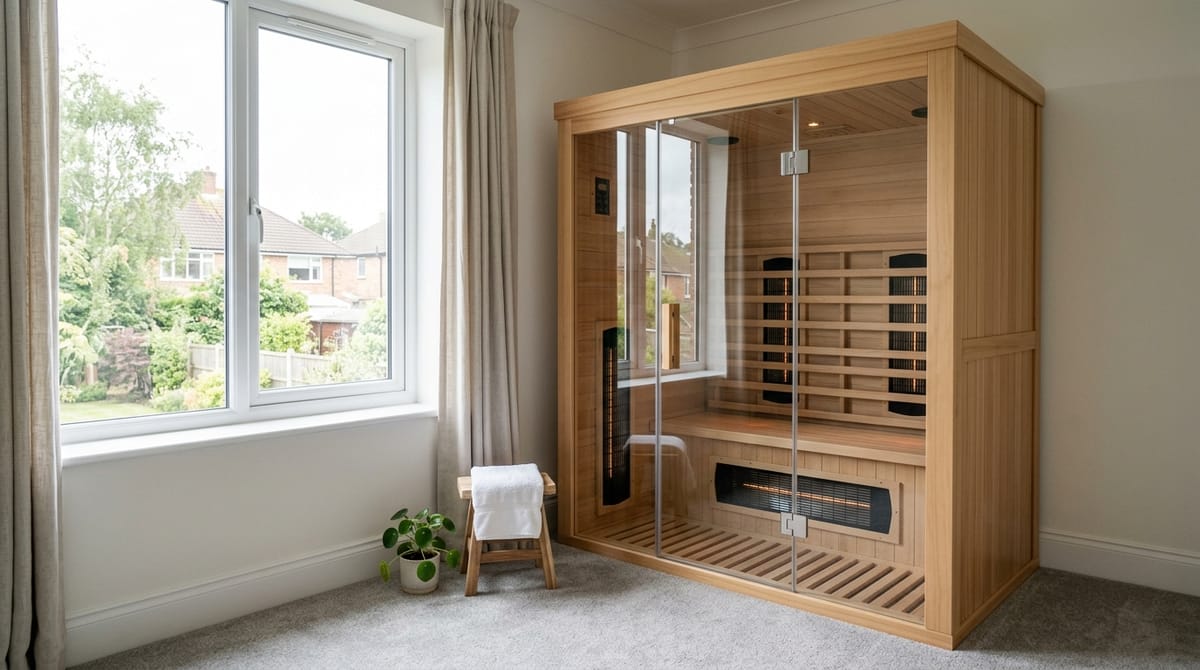 A two-person infrared sauna cabin of pale wood with glass doors and glowing wall panels, in a carpeted spare room