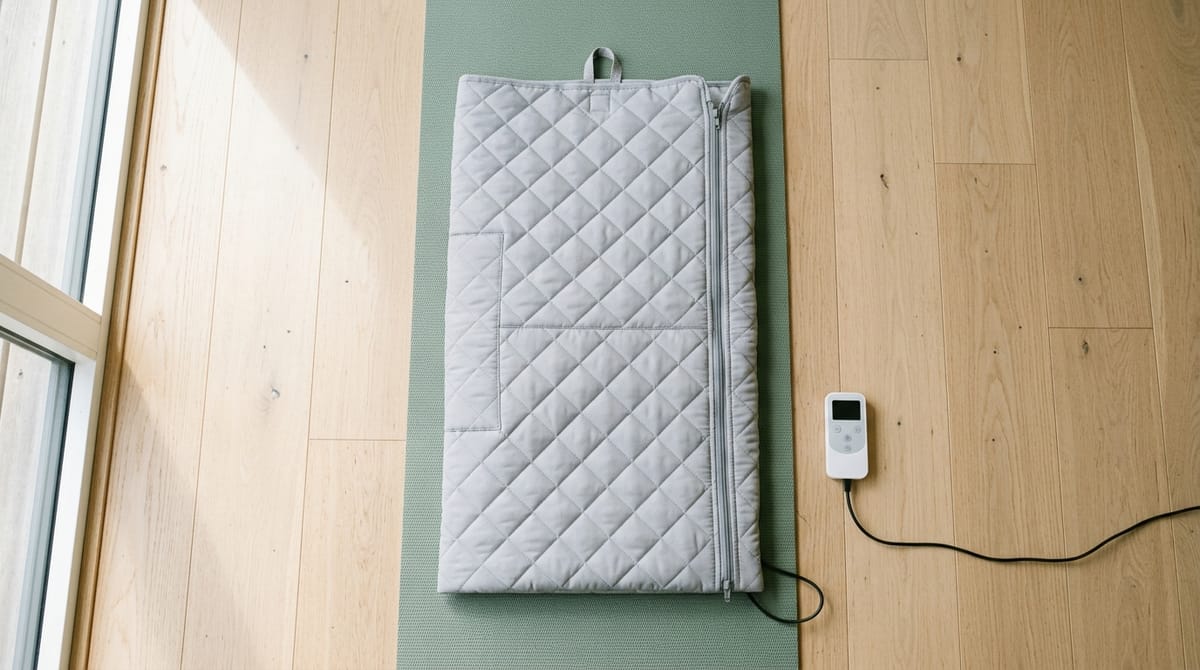 An empty grey quilted infrared sauna blanket zipped shut on a yoga mat, with its cable and controller beside it