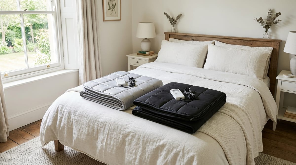 Two folded infrared sauna blankets, one grey and one black, each with a controller, on a double bed